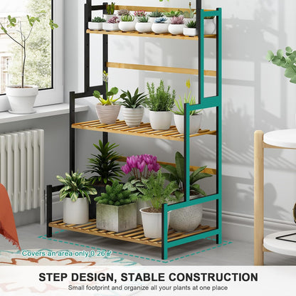 Ufine Bamboo Hanging Plant Stand 3 Tier Ladder Shelf with Hanging Rod Height Adjustable Flower Pot