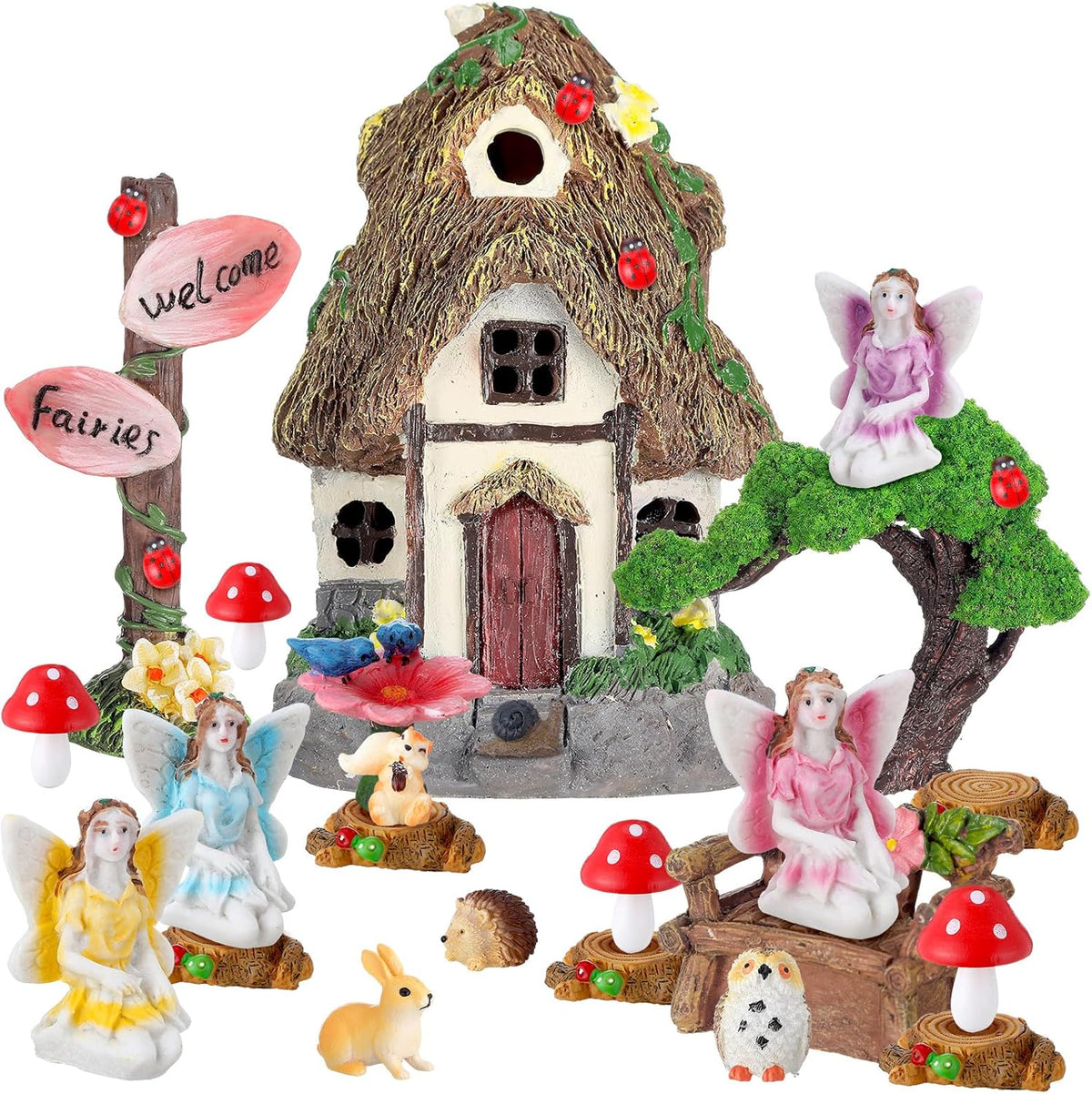 Leyndo 28 Pcs Solar House Garden Accessories Fairy Light up Fairy Figures Garden Kit Resin