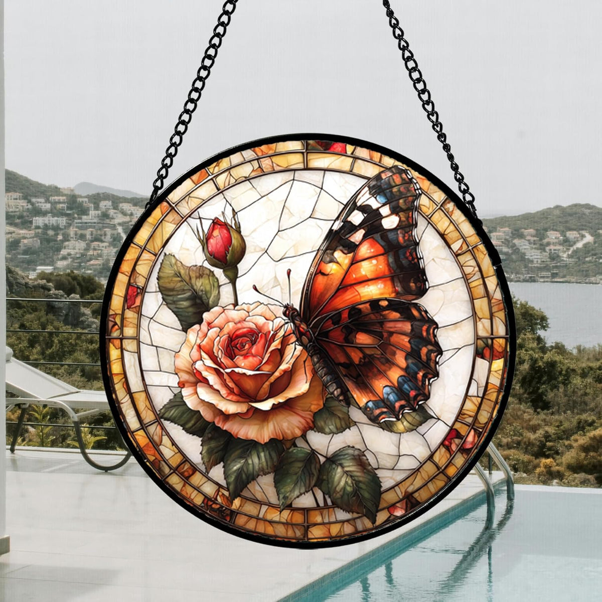 Stained Glass Window Hanging, Butterfly Picking Flowers Suncatcher for Doors Home Sun Catchers