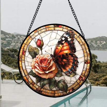 Stained Glass Window Hanging, Butterfly Picking Flowers Suncatcher for Doors Home Sun Catchers