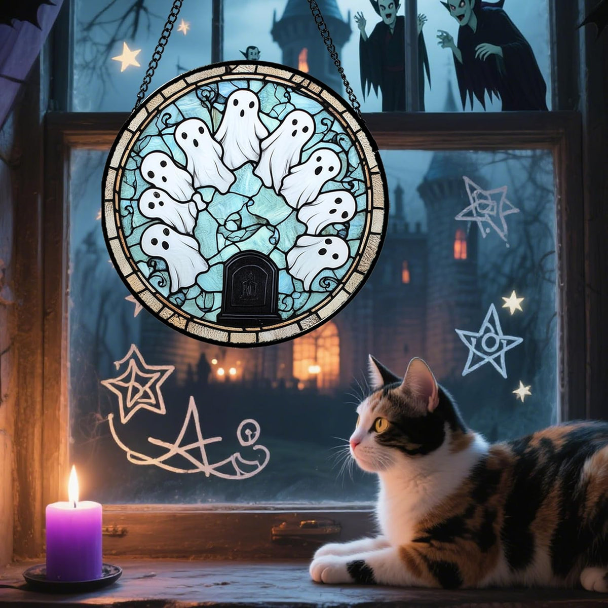 Stained Glass Window Hanging - Halloween Decorations Ghosts Tombstones Suncatcher for Doors Garden