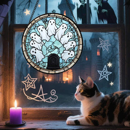 Stained Glass Window Hanging - Halloween Decorations Ghosts Tombstones Suncatcher for Doors Garden