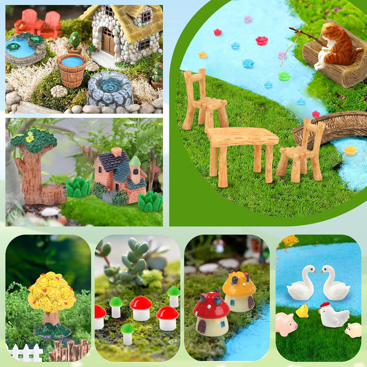 50 Pcs Fairy Garden Miniatures Accessories Bridge House Landscape Water Well Animal Fence Tree Sand