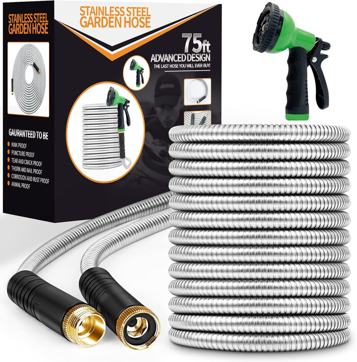 Garden Hose 75ft, Stainless Steel Heavy Duty Water Hose with 10 Function Nozzle Flexible