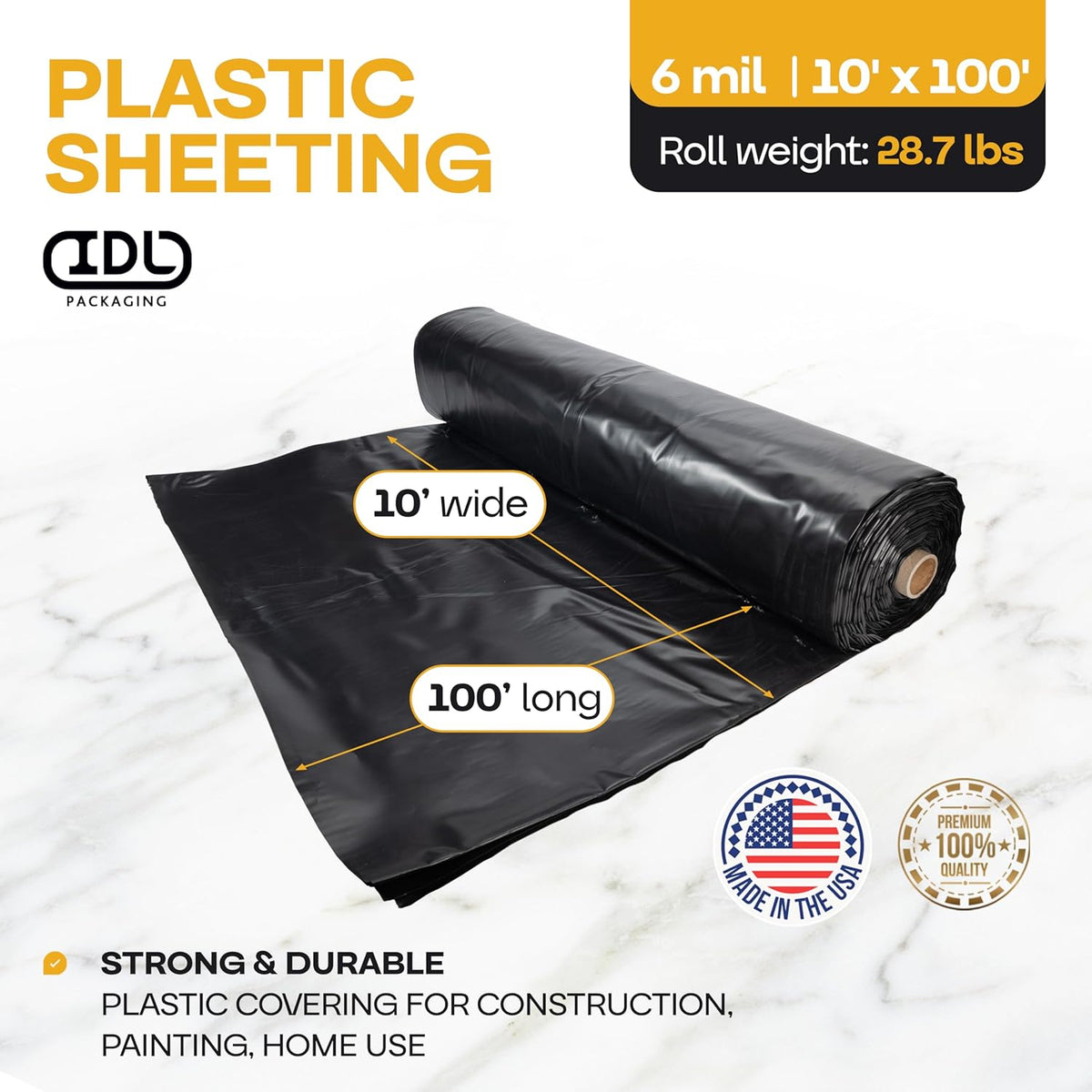 Black Construction Plastic Sheeting 6 mil, 10' x 100' (1000 sq. ft.) - Heavy Duty Plastic Cover for