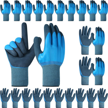 Mimorou 12 Pairs Waterproof Work Gloves Double Coated Rubber,M,Blue