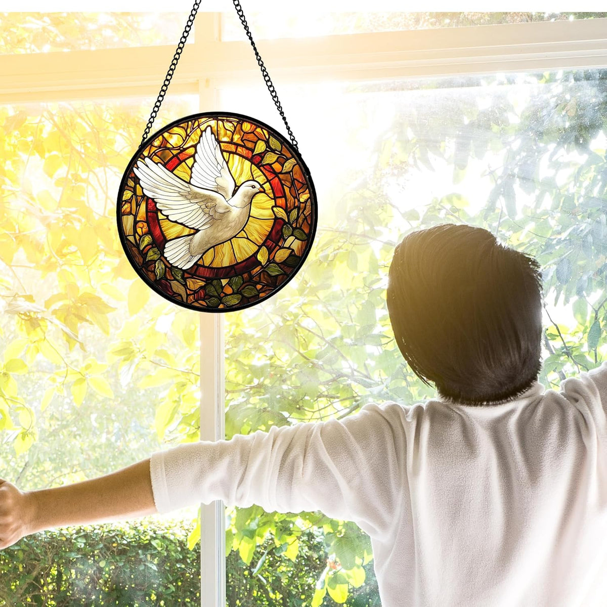 Stained Glass Window Hanging, Flying White Dove Sun Catchers Diamond Glass Panel Hangings Cute