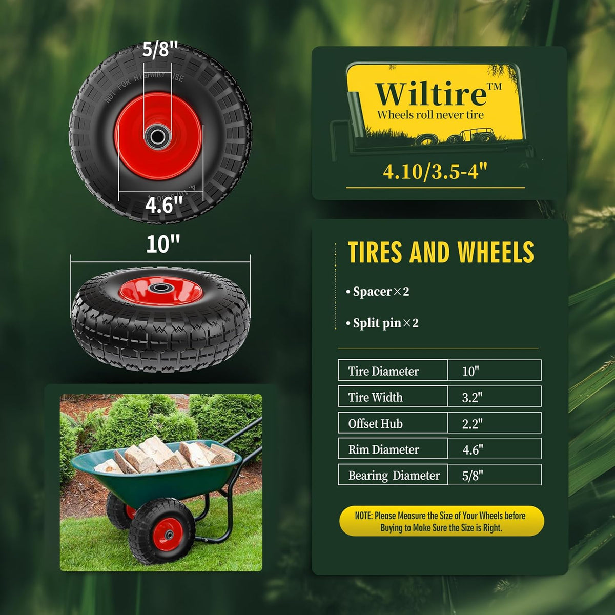 (2 Pack) 4.10/3.50-4 Flat Free Tire and Wheel 10-Inch Solid Wheel Replacement with 5/8