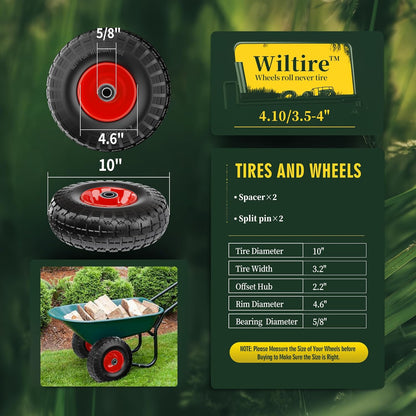 (2 Pack) 4.10/3.50-4 Flat Free Tire and Wheel 10-Inch Solid Wheel Replacement with 5/8