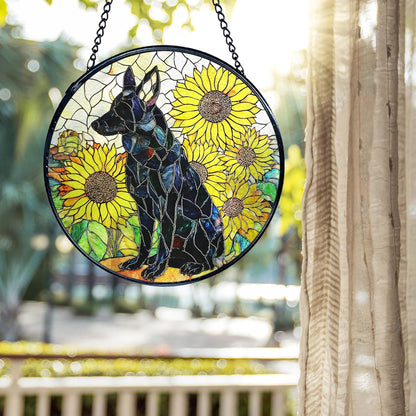 kdqua German Shepherd Sunflower Suncatcher Stained Glass Window Hanging, German Shepherd Gifts Sun