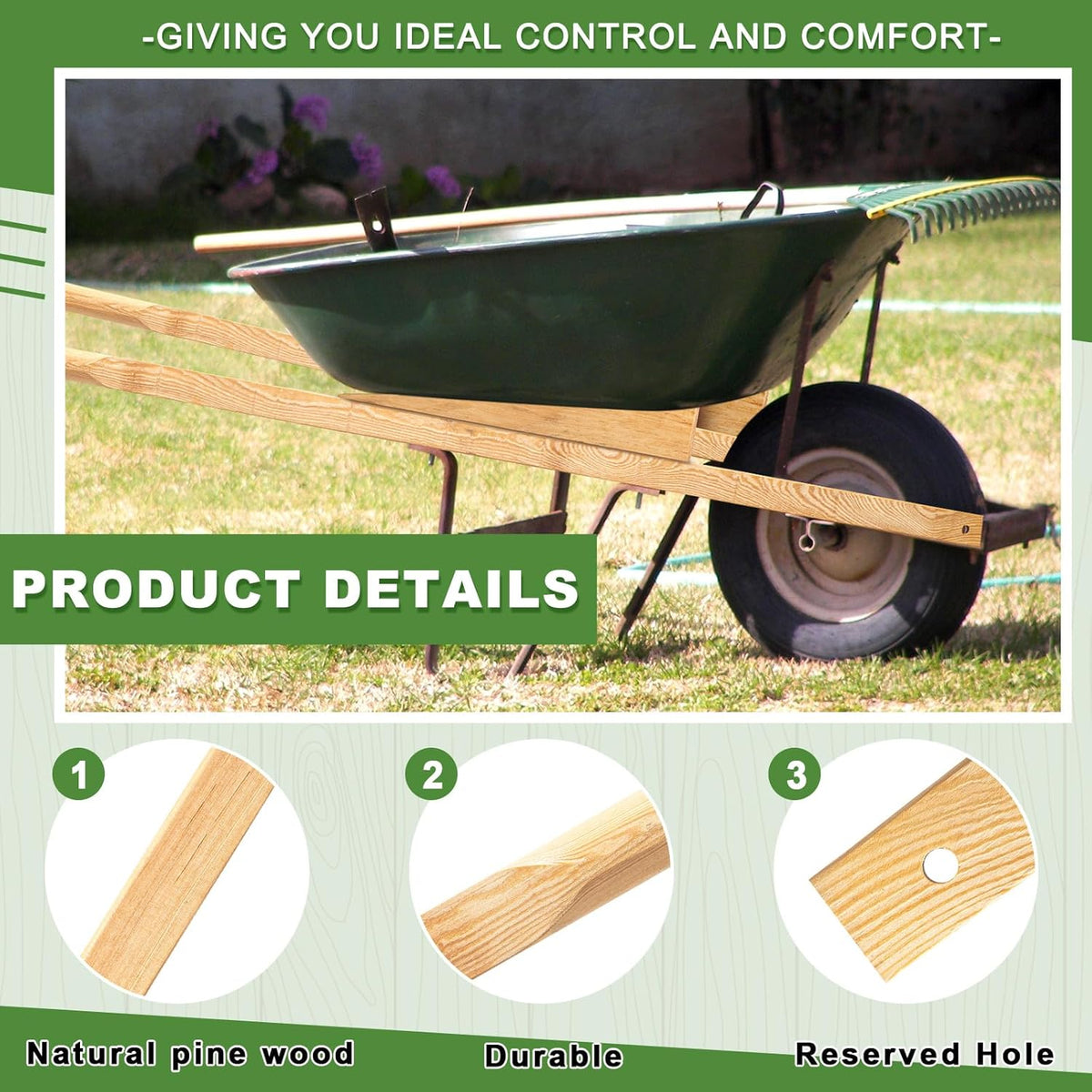 Gisafai 1 Pair Wood Wheelbarrow Handles 60'' Heavy Duty Hardwood Wheelbarrow Replacement Handles