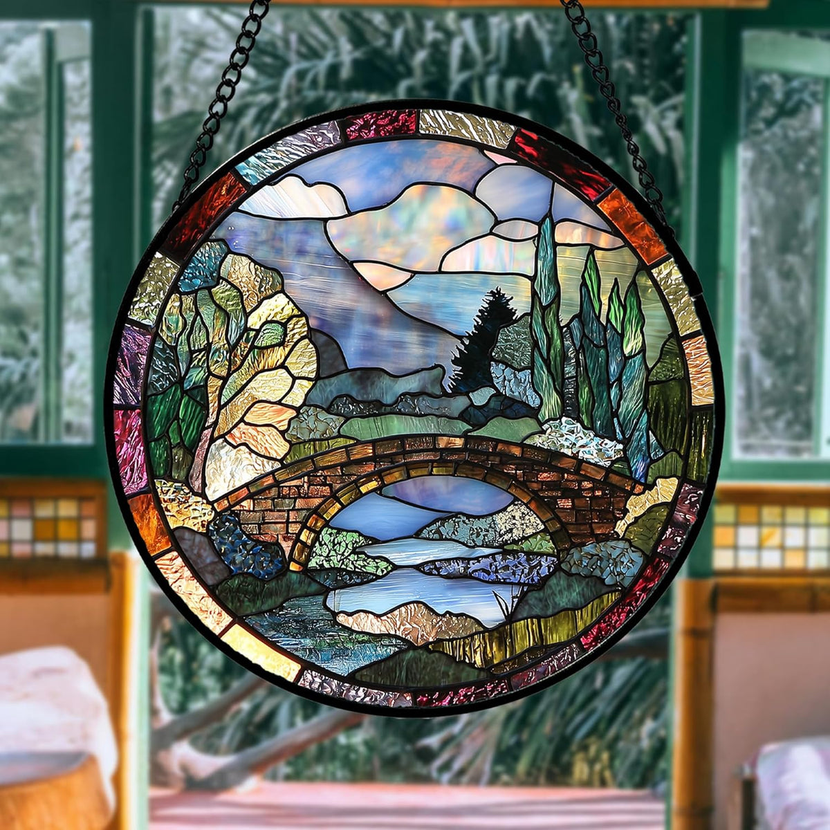 Stained Glass Window Hanging, Blue Landscape Arch Bridge Sun Catcher for Door Home Decor Suncatcher