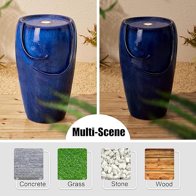 Glitzhome Ceramic Vase Outdoor Water Fountain Tall Patio Garden Water Fountain with LED Light and