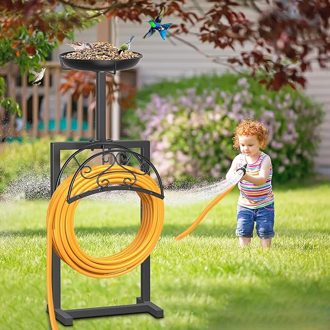 Garden Hose Holder Hanger Freestanding, Upgraded 4 Spikes Heavy Duty Storage Reel Stand with Bird