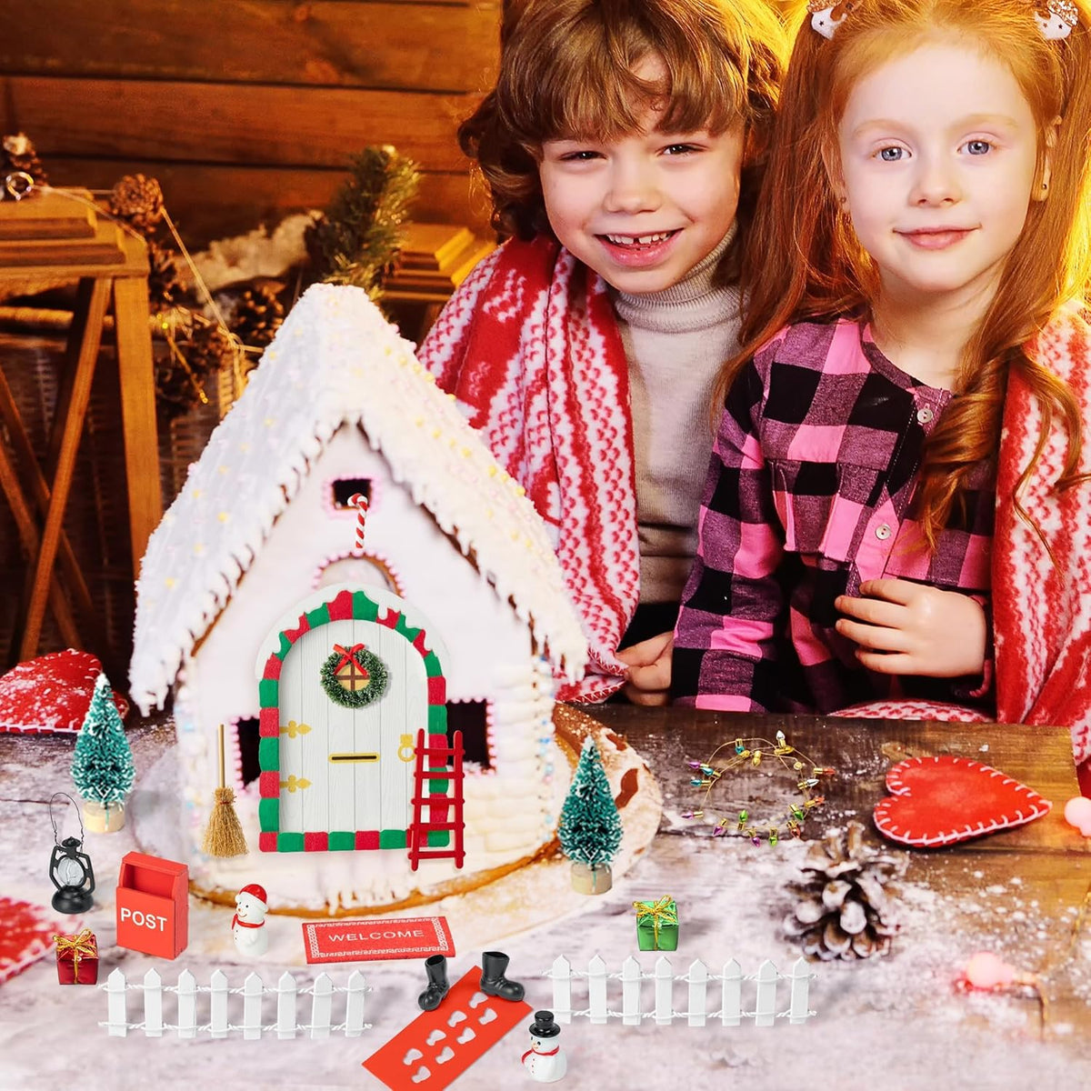 Haooryx Christmas Elf Garden Miniatures - 22Pcs Christmas Magic Fairy Doors Decoration Kit Wooden
