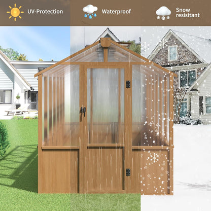 6x12 FT Wooden Greenhouse for Outdoors, Walk-in Greenhouse with 6MM Thick Polycarbonate Panel and