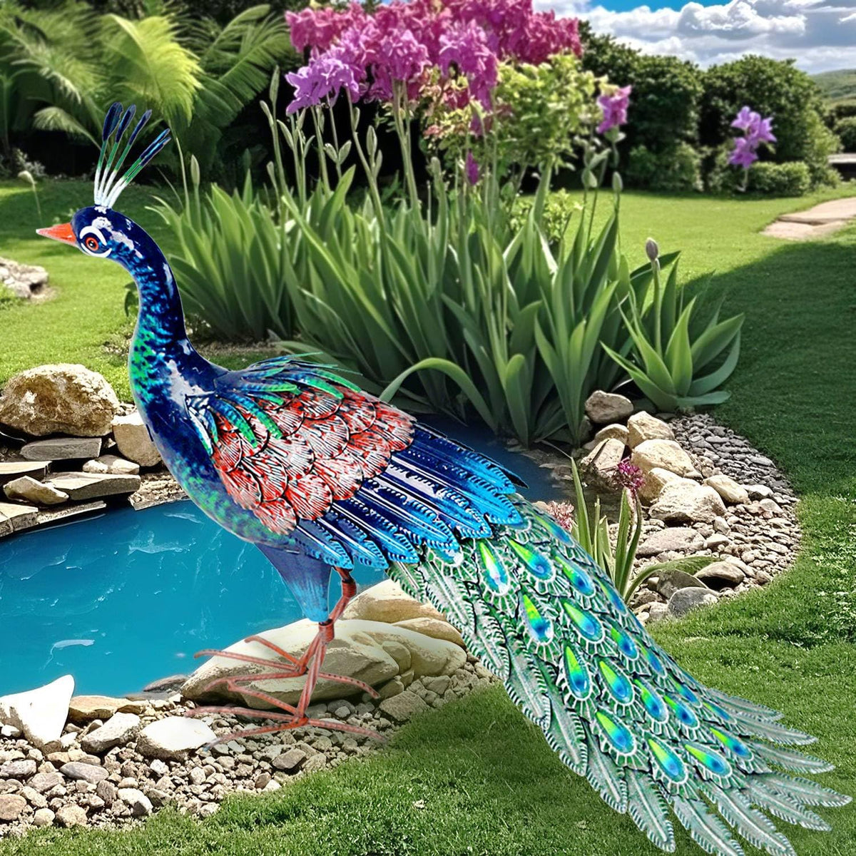 Kircust Metal Peacock Statue for Outdoor Decor - 24" L Elegant Peacock Sculpture for Garden, Patio