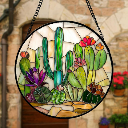 Stained Glass Window Hanging, White Green Cactus Suncatcher Diamond Glass Panel Hangings Sun