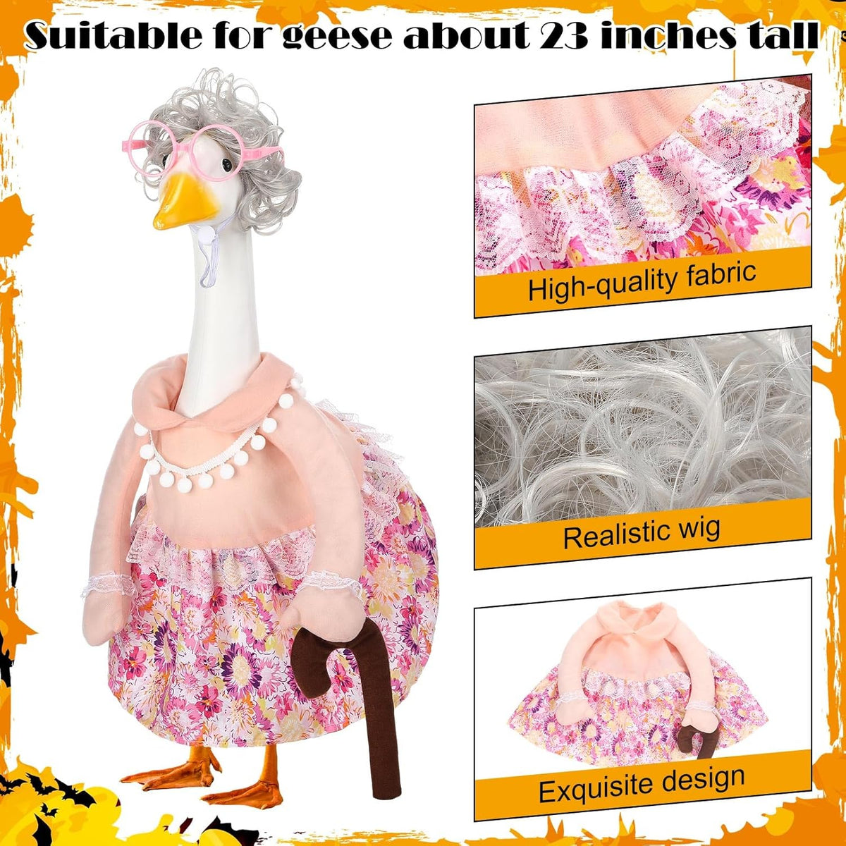 Abbylike Halloween Porch Goose Outfits Old Lady Goose Clothes with Silver Wig Sunglasses for 23"