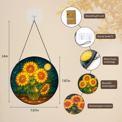 Stained Glass Window Hanging,Sunflower Sun Catchers Stained Glass Panels for Indoor Windows Wall