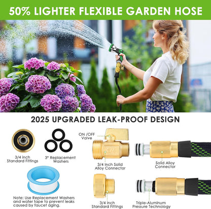 Non-Expandable Garden Hose 75 ft, Ultra Lightweight & Flexible Water Hose With 10-Pattern Spray