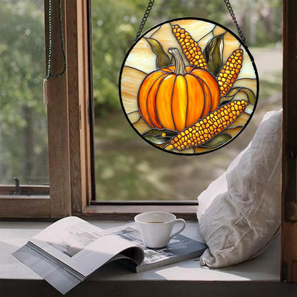 Stained Glass Window Hanging Autumn Harvest Pumpkin Corn 7.8" - Suncatcher Door Garden Kitchen