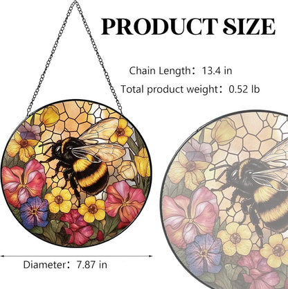Bee Stained Glass Suncatcher - Handcrafted 7.87 inch suncatcher with Vibrant Wildflower Stained