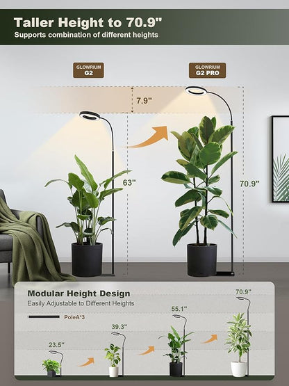GLOWRIUM 24W LED Grow Light for Indoor Plants, 23.5-71" Adjustable Height, 3-Growing Full Spectrum