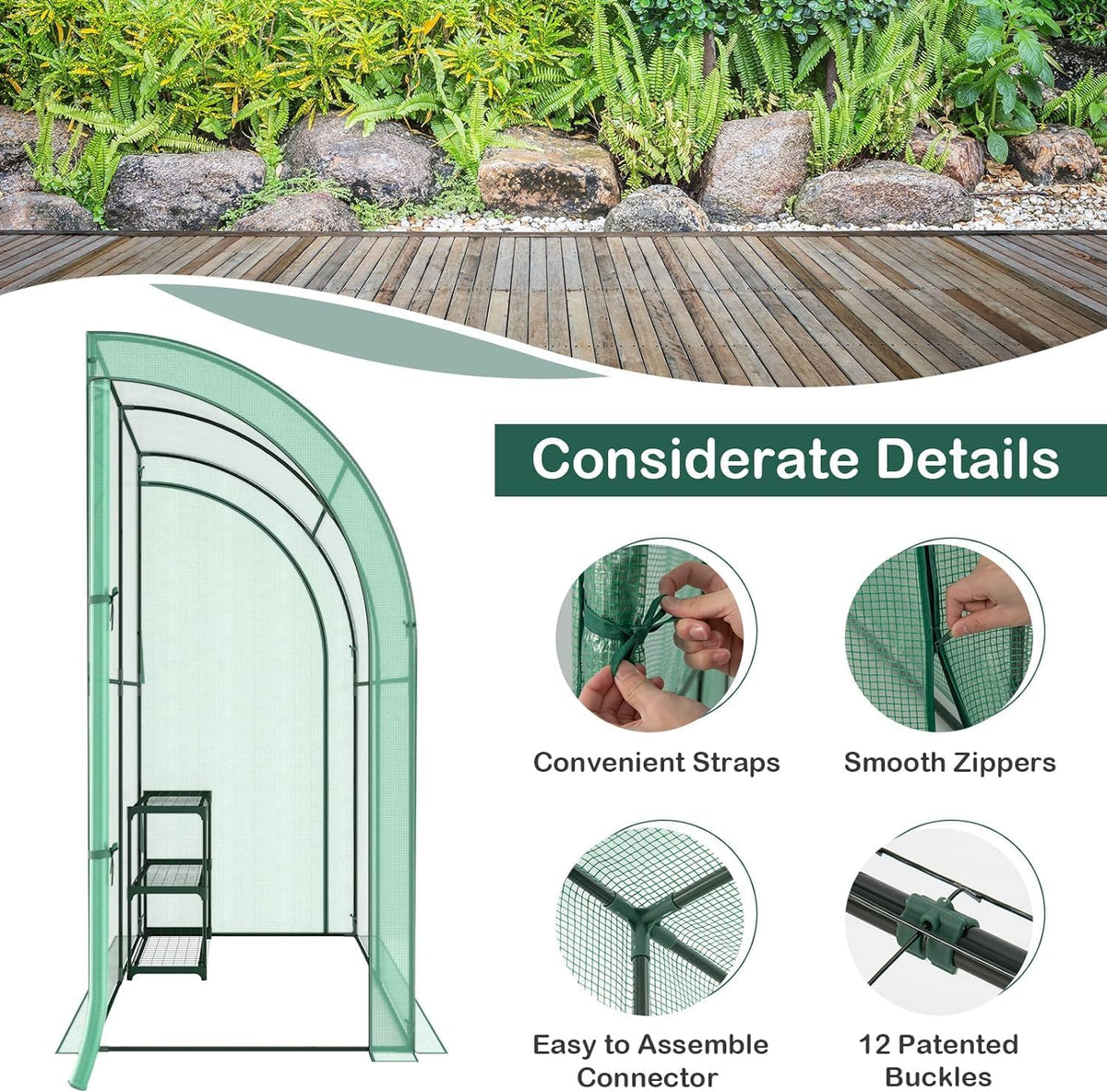 Happygrill Walk-in Greenhouse with 3-Tier Flower Rack, Weatherproof PE Cover & Roll-up Zipper