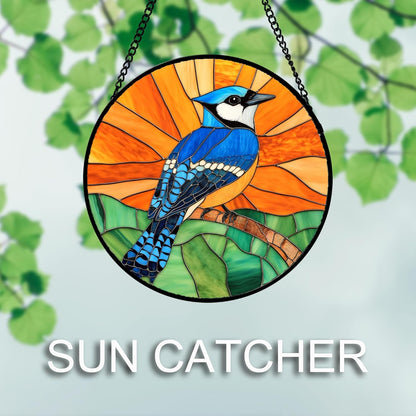 Stained Glass Window Hanging 4 Pcs Set Birds Large 15" - Cardinal Blue Jay Suncatcher Door Garden