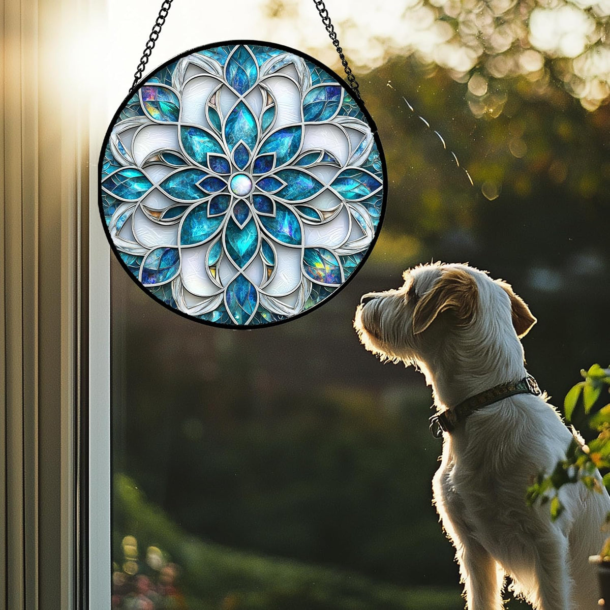 Stained Glass Window Hanging - Blue White Abstract Flowers Suncatcher for Door Terrace Garden Home