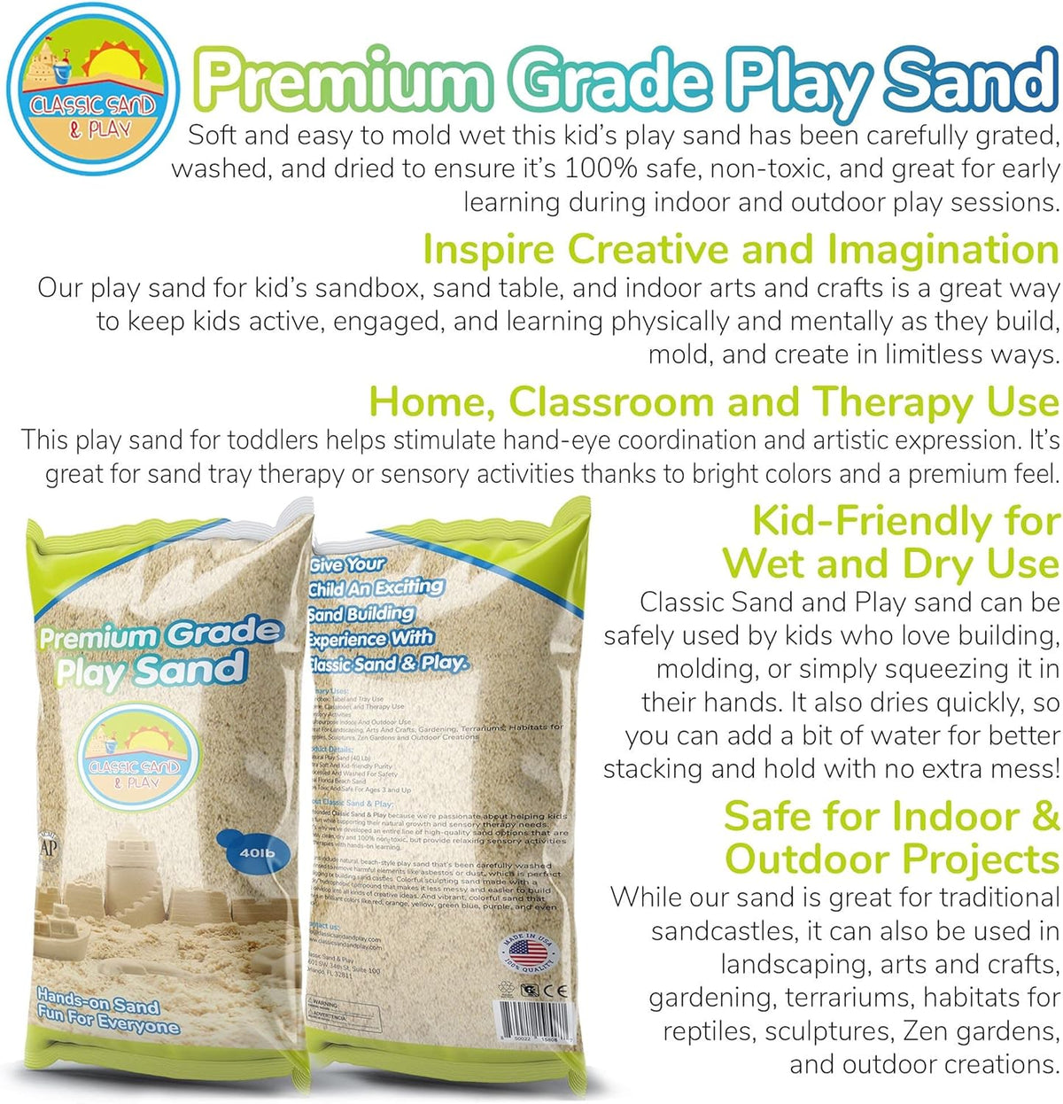 Classic Sand and Play Sand for Sandbox, Table, Therapy, and Outdoor Use, 40 lb. Bag, Natural