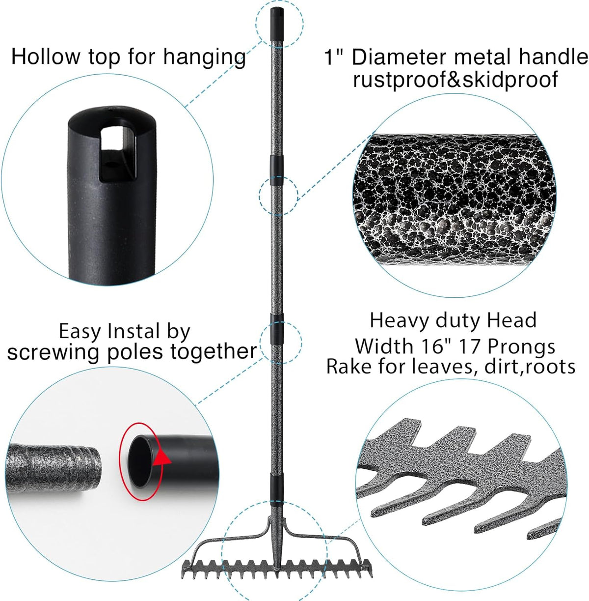 Thatch Rakes for Lawns, Heavy Duty Metal Garden Rake with 17 Prongs, Adjustable Yard Rock Rake for