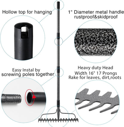 Thatch Rakes for Lawns, Heavy Duty Metal Garden Rake with 17 Prongs, Adjustable Yard Rock Rake for