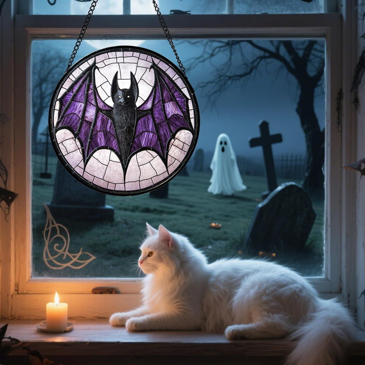 Stained Glass Window Hanging - Halloween Black Bat Purple Wings Monster Suncatcher for Doors Garden