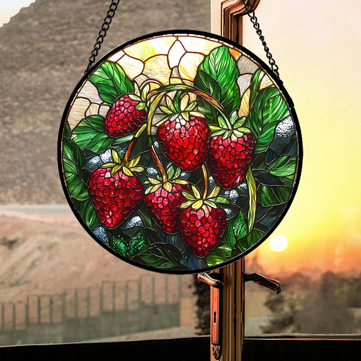 Stained Glass Suncatcher, Red Strawberry Green Leaf Sun Catcher Silver Background Stain Glass