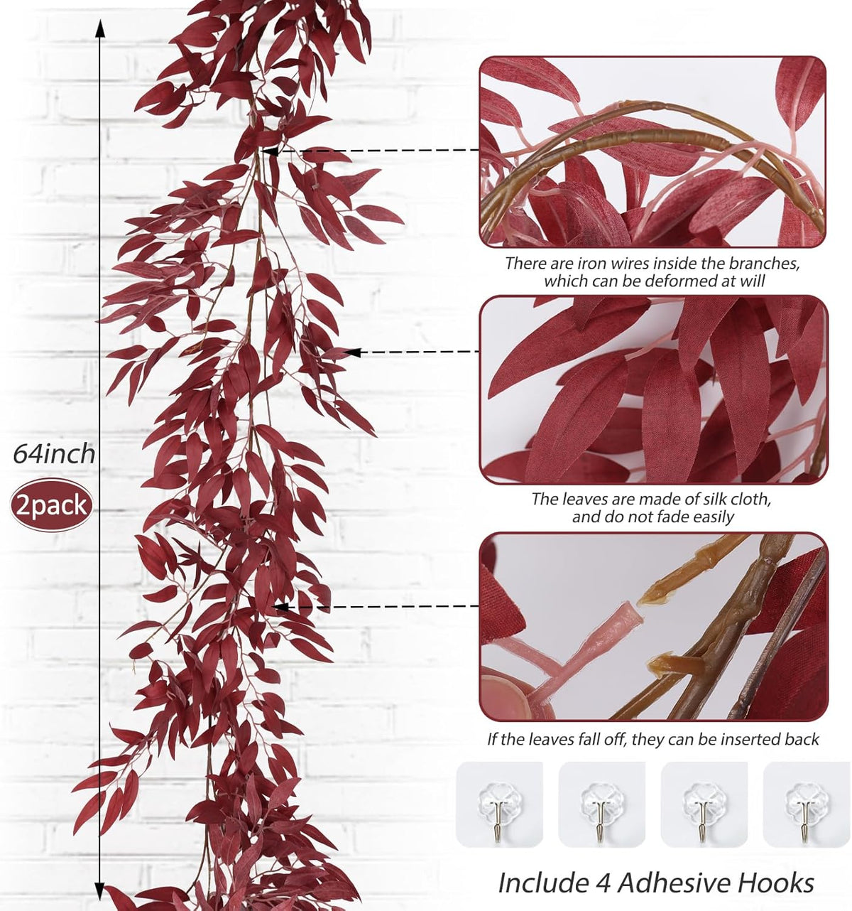 RECUTMS Artificial Hanging Willow Leaves Vine Twigs 2Pcs 5.7Ft Fake Silk Burgundy Leaf Ivy Fall