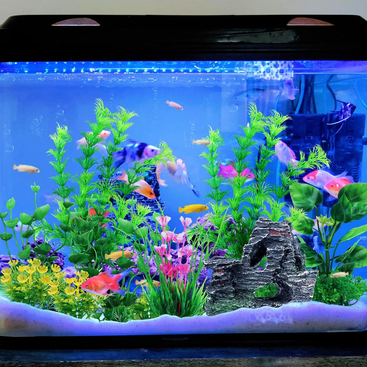 Fish Tank Accessories Artificial Plants, 9pcs Green Aquarium Decorations Plants and Cave Rock Decor