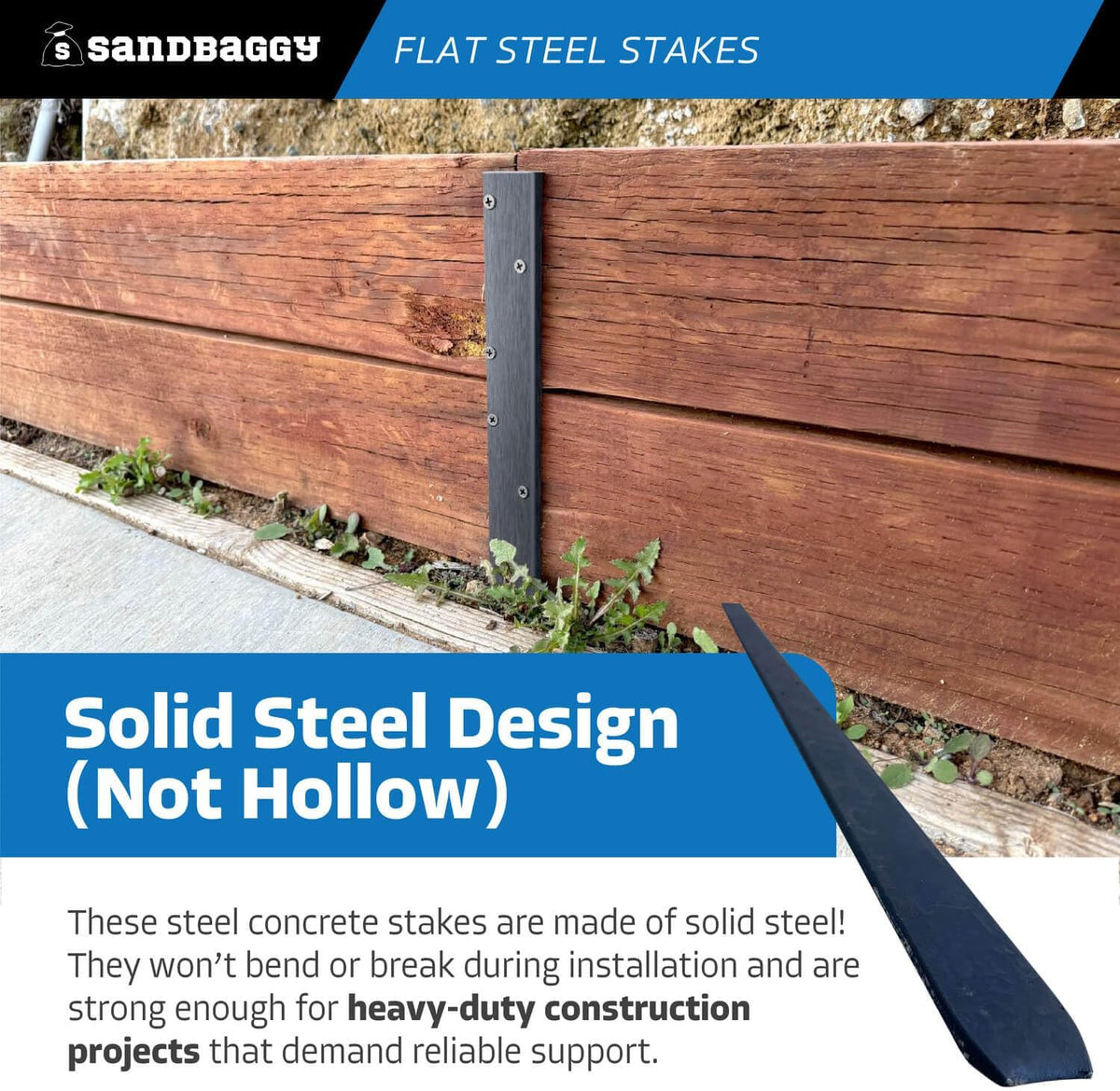 Sandbaggy Flat Steel Stakes for Concrete Forms with Nail Holes - 1.5" Wide - Painted - Removable
