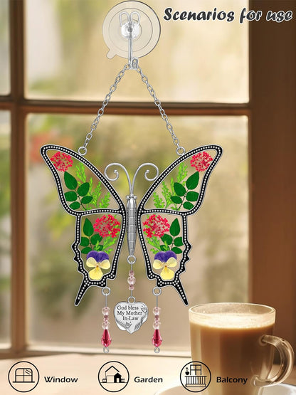 KY&BOSAM Gifts for Mom God Bless Mother in-Law Butterfly Suncatcher with Pressed Flower Wings and