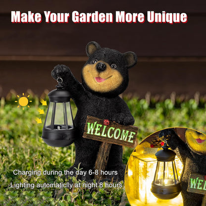 Juegoal Garden Bear Statue with Solar LED Lantern, Luminous Welcome Sign, Gifts for Mom Yard Art