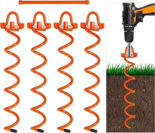FEED GARDEN 16 Inch Spiral Ground Anchors Heavy Duty Screw in Spiral Stakes, 4 Pack Folding Ring