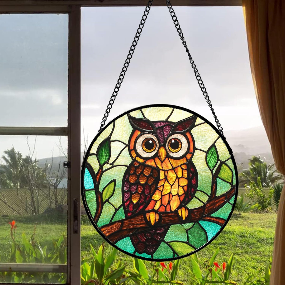 Stained Glass Window Hanging - Owl on a Branch Suncatcher for Doors Window Home Orange Brown Sun