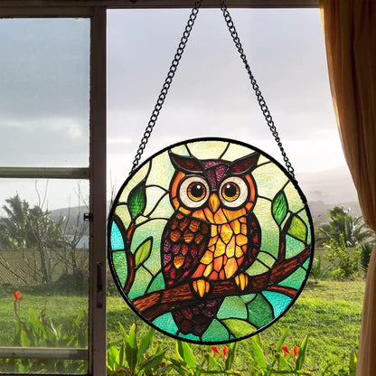 Stained Glass Window Hanging - Owl on a Branch Suncatcher for Doors Window Home Orange Brown Sun
