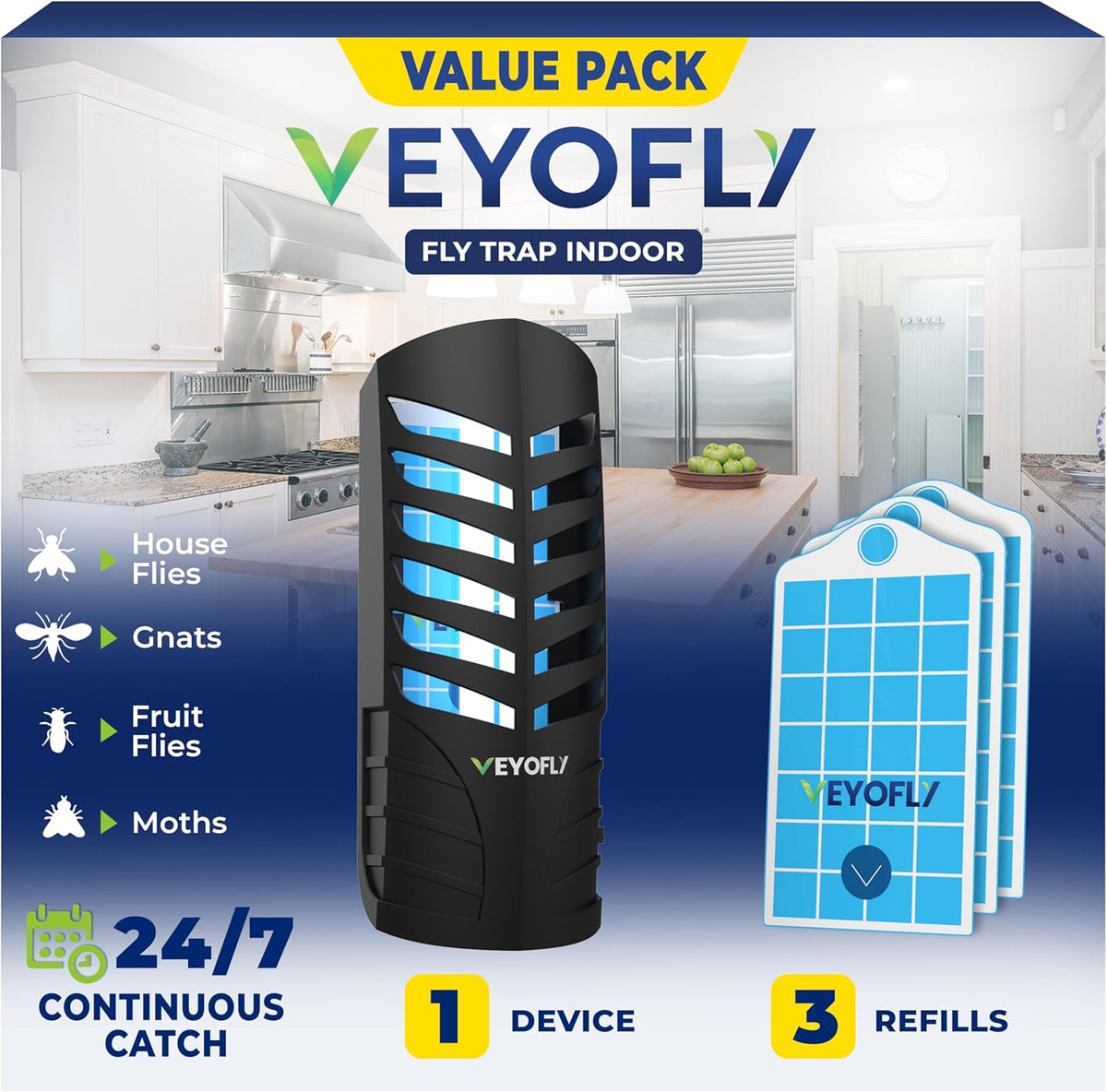 VEYOFLY Fruit Fly Traps for Indoors, Fly Trap Indoor, (1 Device + 3 Refills) Fly Catcher Indoor