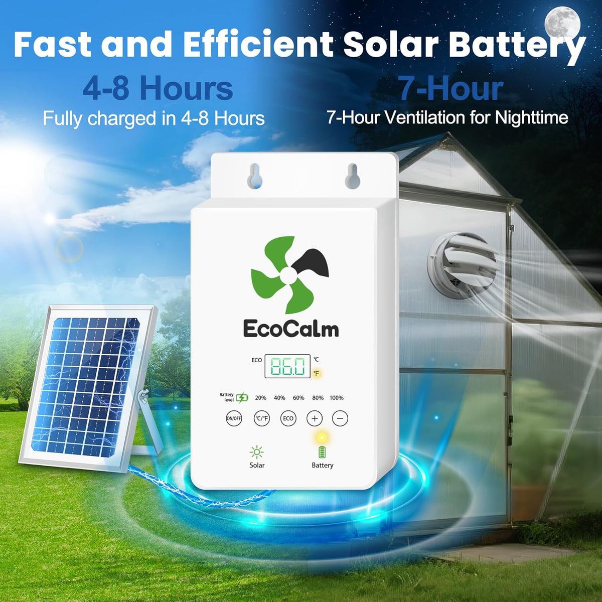 Solar Fan with Battery and Adjustable Thermostat, 8" Solar Powered Fans for Shed with 25W Bifacial