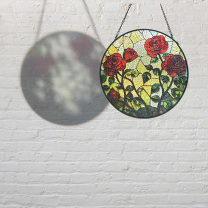 Floral Stained Glass Window Hanging - Rose Design Handmade Suncatcher, Luyseyha 8 Inch Sun Catcher