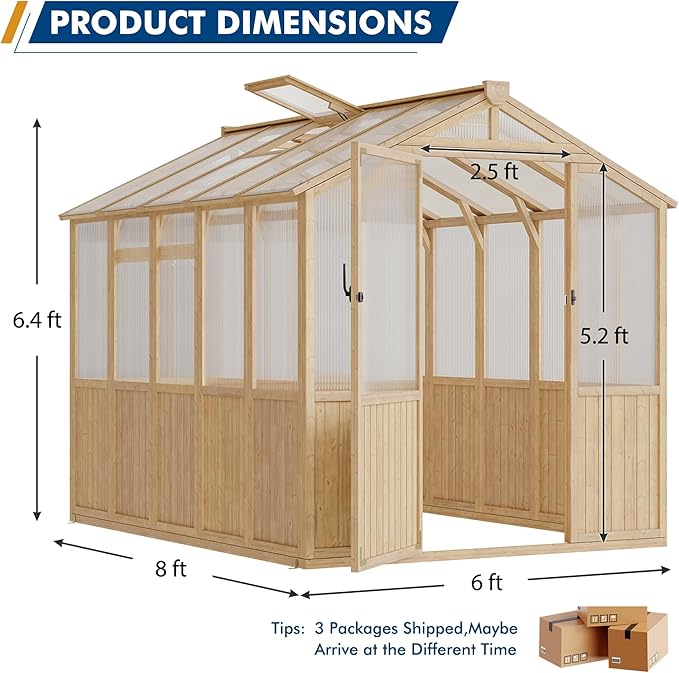 Restland 6x8 FT Wood Greenhouse with Shelves Reinforced Frame Walk-in Greenhouses with Adjustable