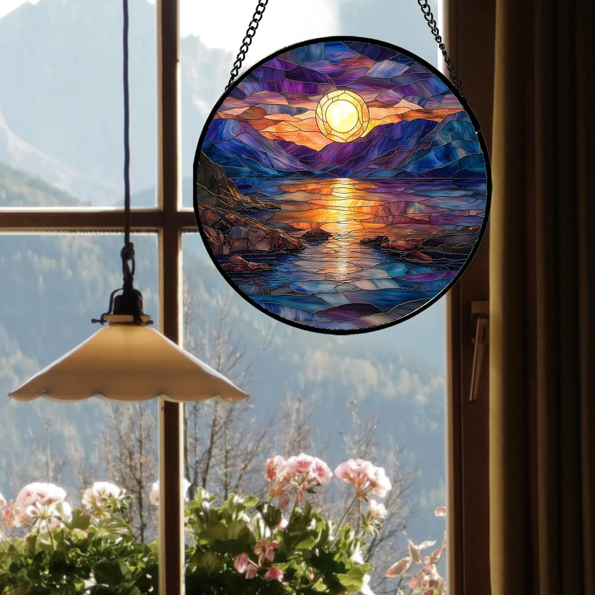 Stained Glass Window Hanging - Blue Purple Lake View Suncatcher for Door Terrace Garden Home Decor