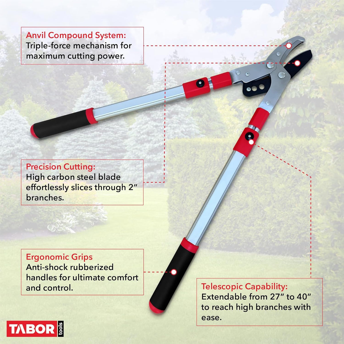 TABOR TOOLS GG22A Telescopic Extendable Anvil Lopper with Compound Action, 27-40 Inch Telescopic